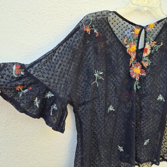 Anthro Maeve Floral Embroidered Black Mesh Sheer Blouse Top Romantic Whimsigoth - Picture 11 of 16